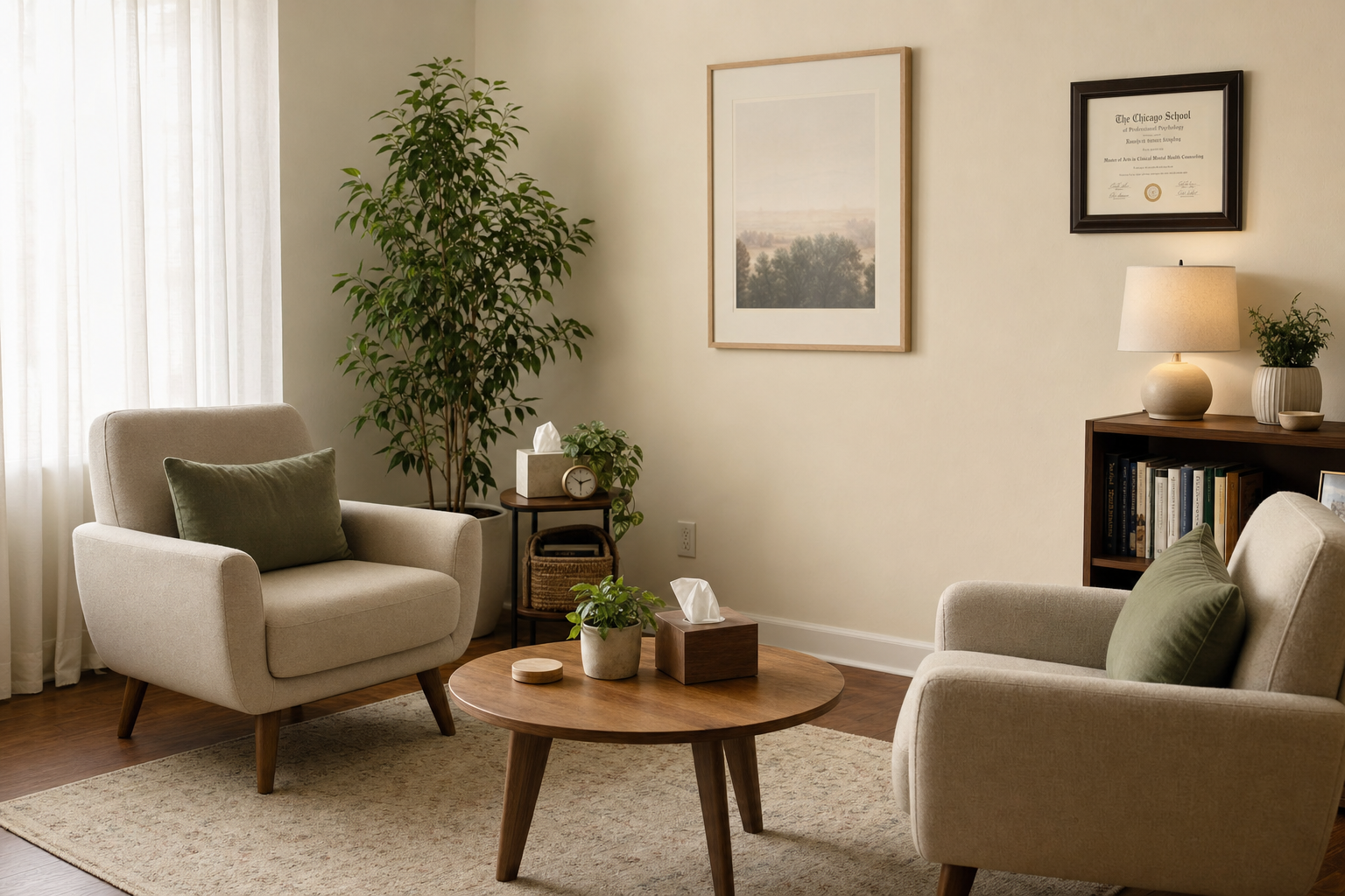 A calm therapy office with two chairs facing each other and a small wooden table.