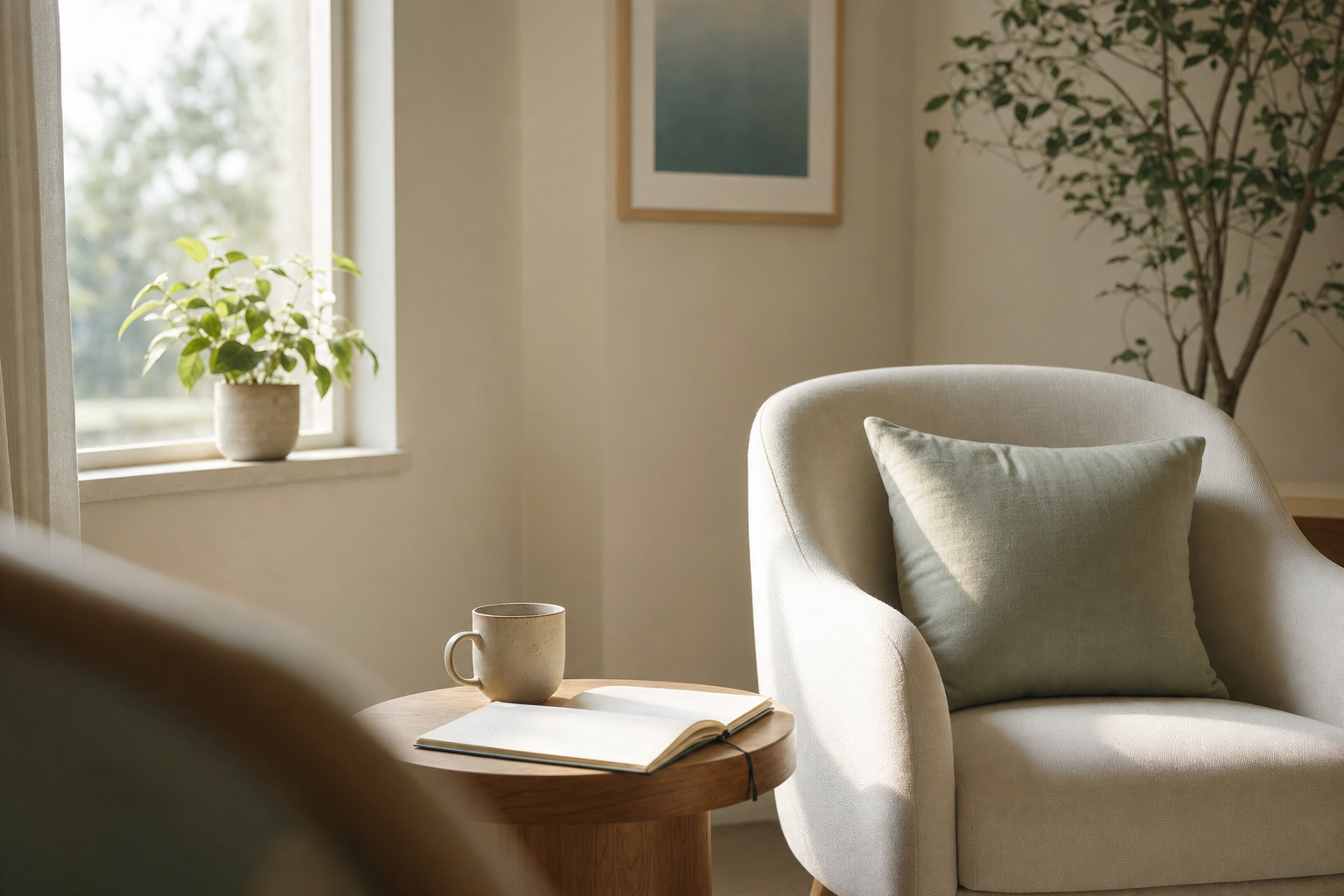 A quiet, sunlit therapy office corner with a soft chair, an open journal, and a leafy plant by the window.