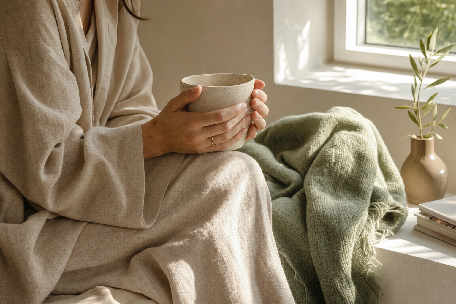 A person sitting peacefully holding a warm ceramic mug, soft natural light.