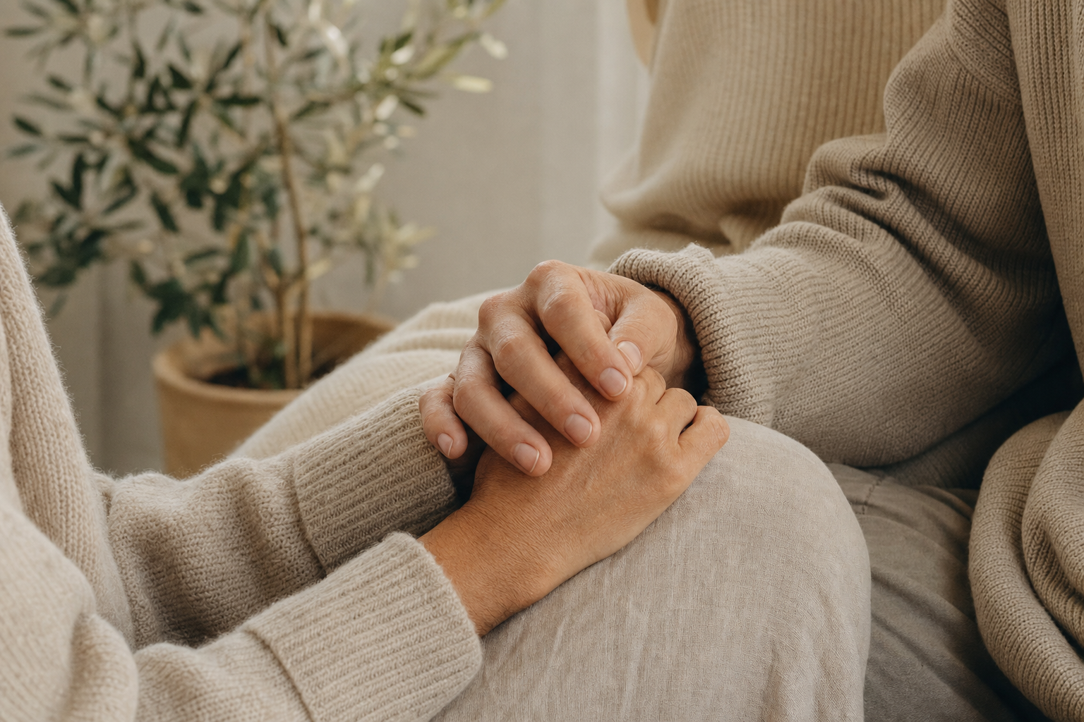 Two adult hands intertwined resting on linen, soft natural light.